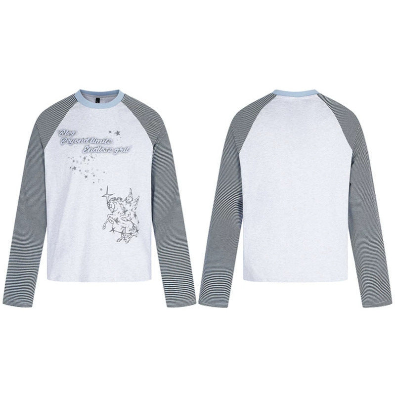 Women's raglan long sleeve shirt in astral motif with fine striped sleeves and relief print Chichicherry