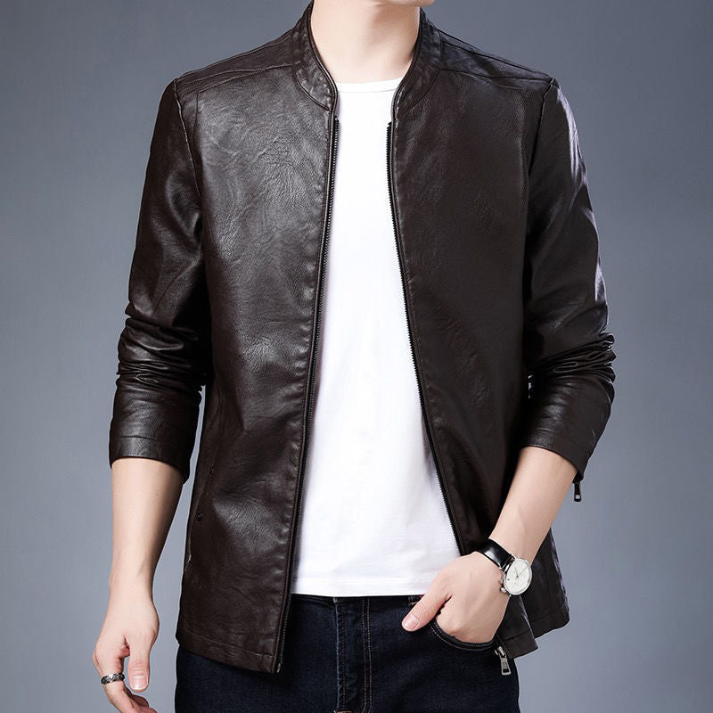 Men's slim-fit faux leather flight jacket with stand-up collar and zipper closure Chichicherry