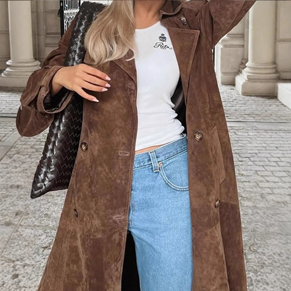 Women's Long Double-Breasted Trench Coat in Suede-Like with Waist Belt Chichicherry