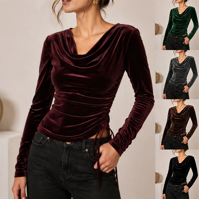 Women's velvet top with waterfall collar, side gathering and lacing detail Chichicherry