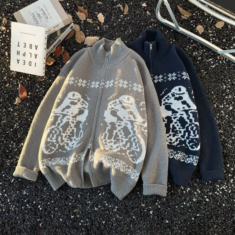 Unisex Übergroße Strickjacke mit durchgehendem Reißverschluss, hohem Rippkragen und Eulen-Intarsien Chichicherry
