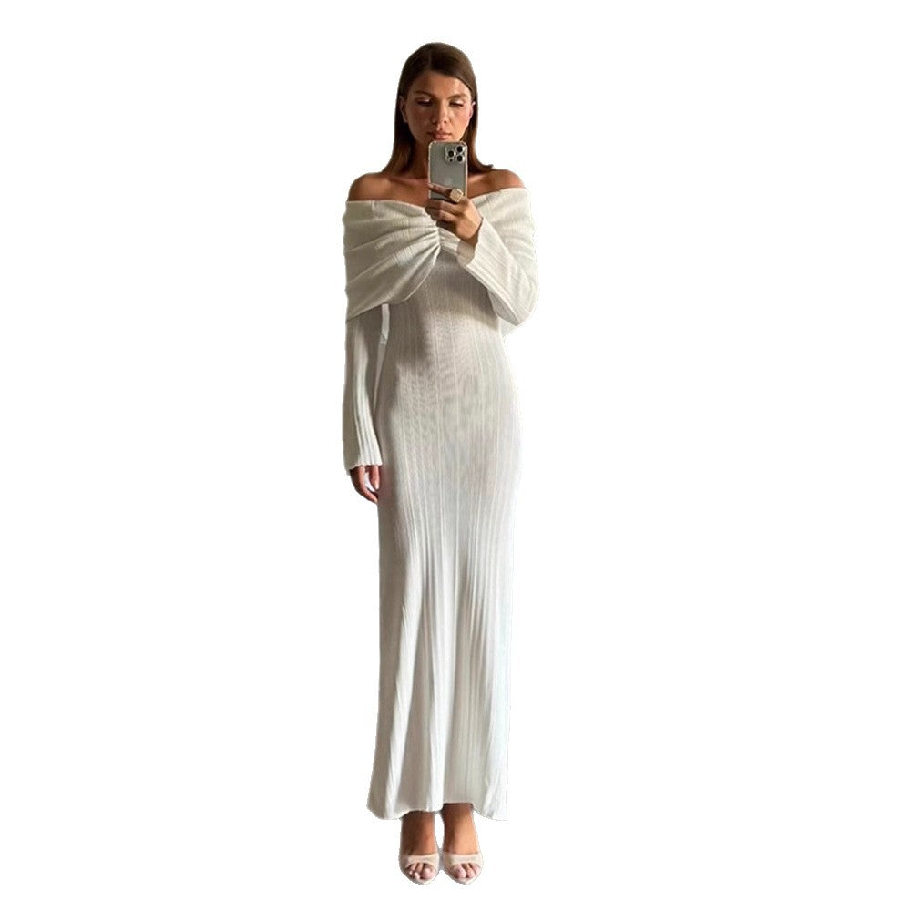 Women's Off-Shoulder Maxi Dress made of ribbed fine knit with draped sweetheart neckline and figure-hugging silhouette Chichicherry