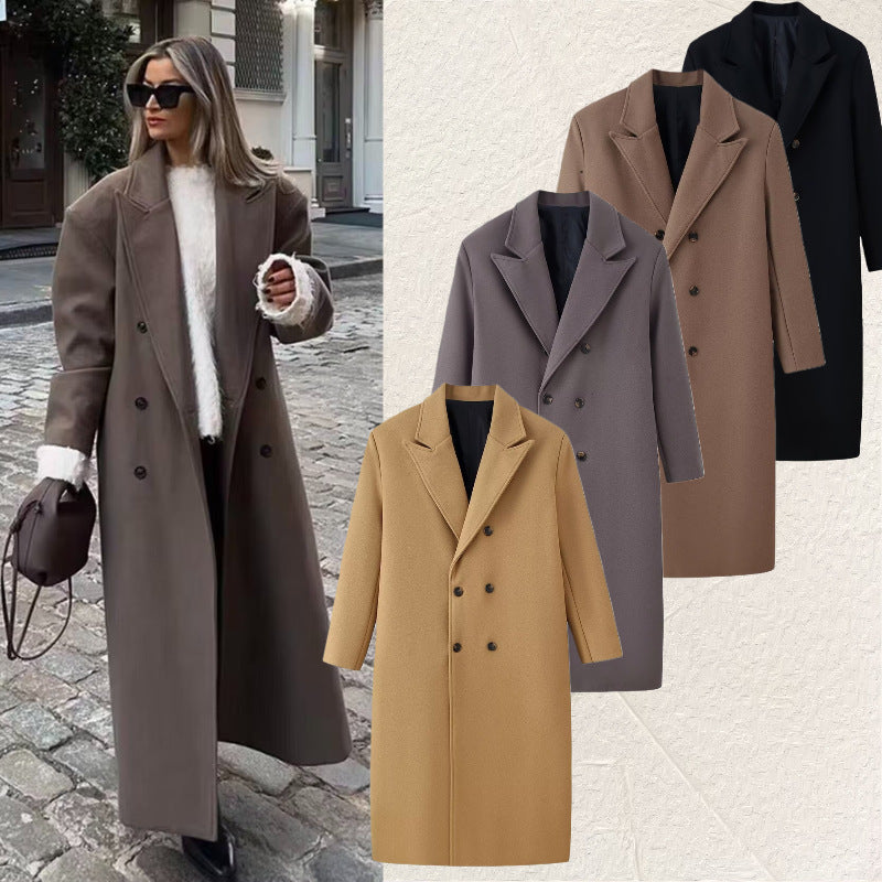 Men's Double-Breasted Long Coat with Narrow Lapels and Straight Cut Chichicherry