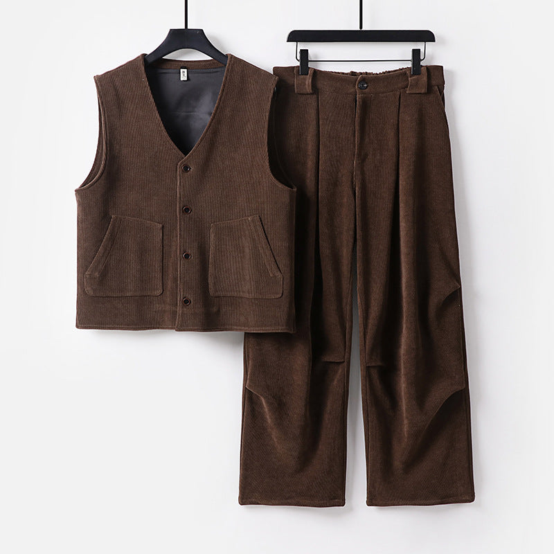 Men's cord loungewear set with V-neck vest and wide pleated trousers Chichicherry