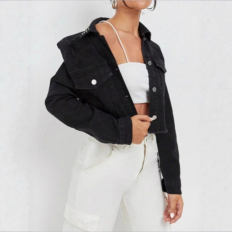 Women's Cropped Denim Jacket with Studded Collar, Frayed Hem and Flap Pockets Chichicherry
