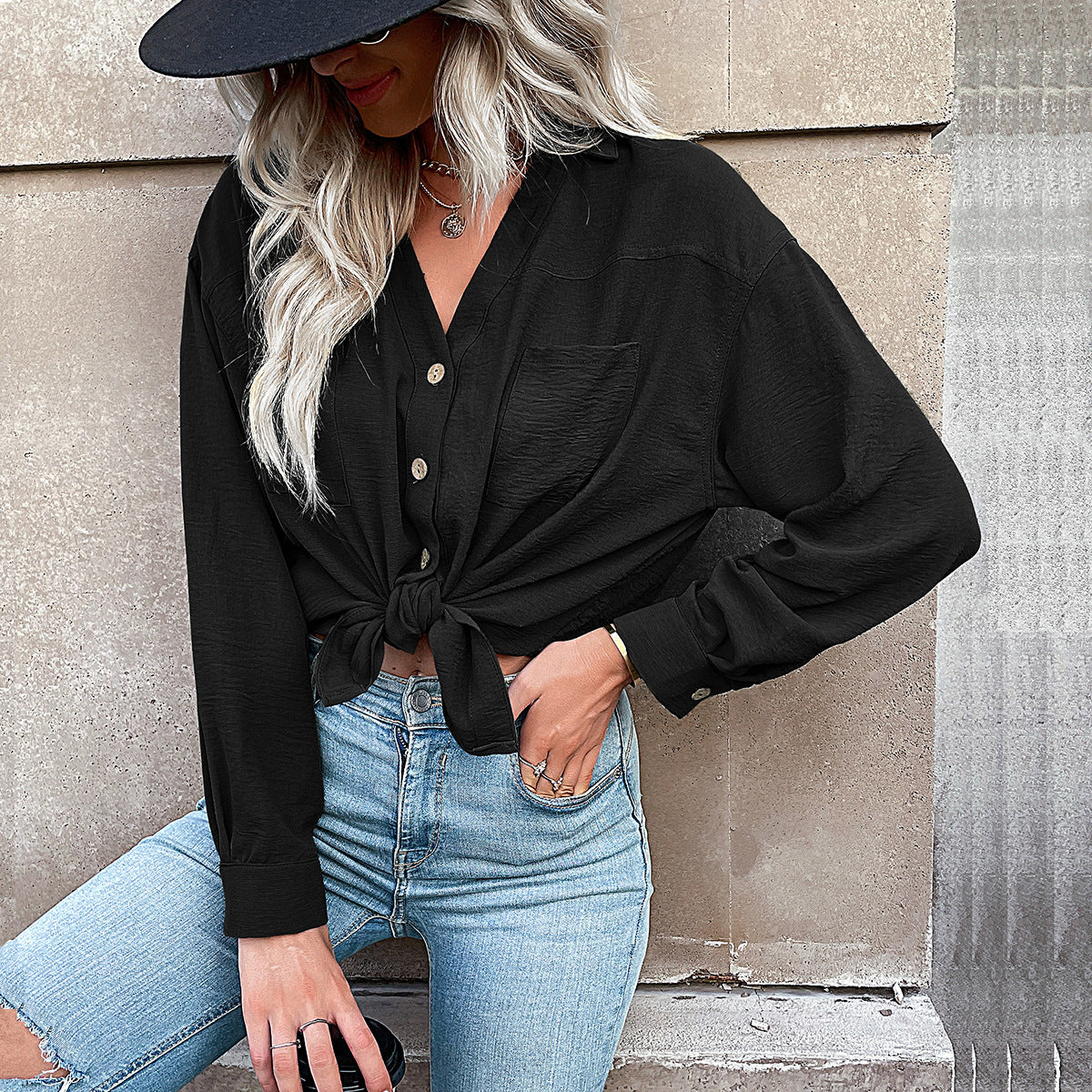 Women's Loose Viscose Shirt with V-Neck, Button Placket and Breast Pocket Chichicherry