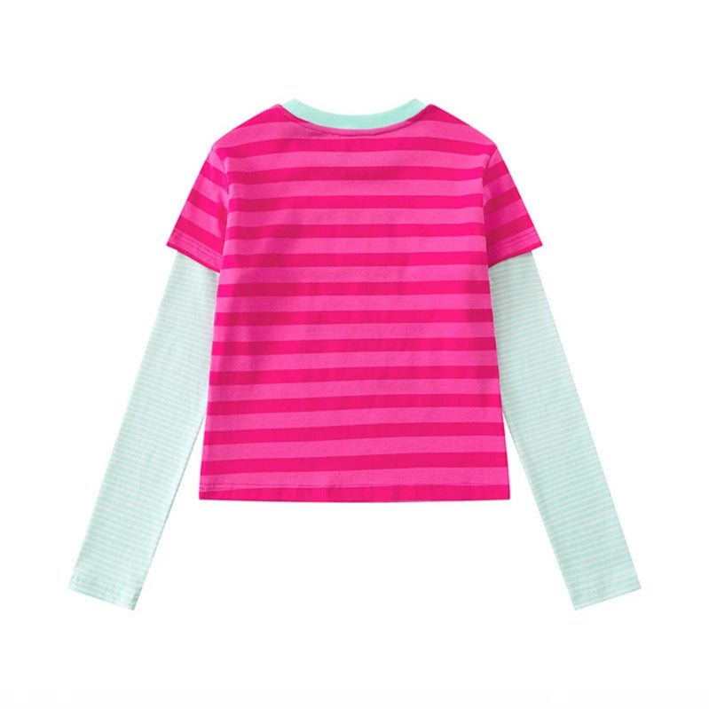 Women's Layered Long Sleeve Shirt in Layer Look with Contrasting Striped Sleeves and Typographic Print Chichicherry
