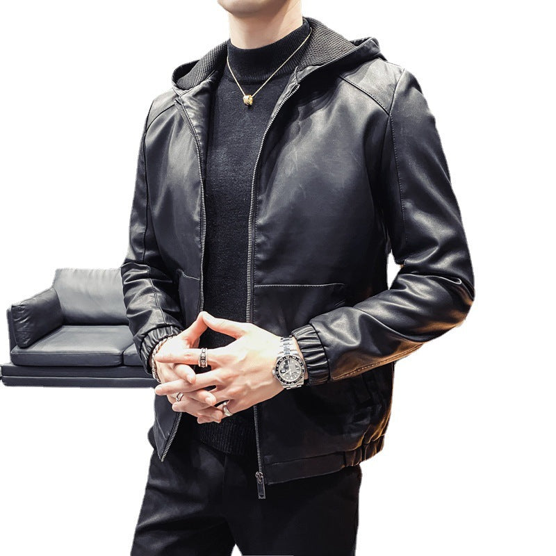 Men's Leatherette Hooded Blouson with Mesh Inner Hood, Slim Silhouette and Full Zipper Chichicherry