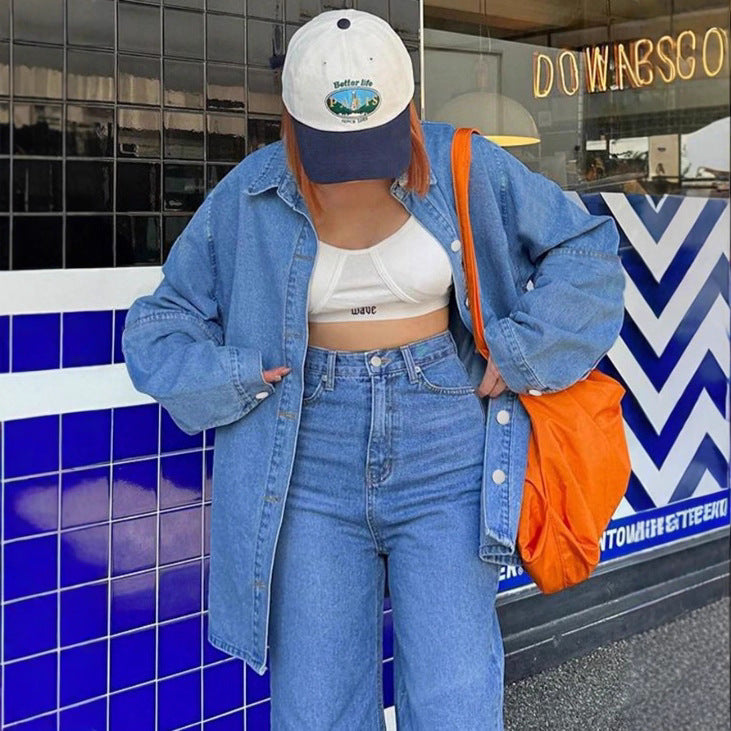 Women's Oversized Denim Shirt Jacket in Co-Ord Look with Loose Fit Chichicherry