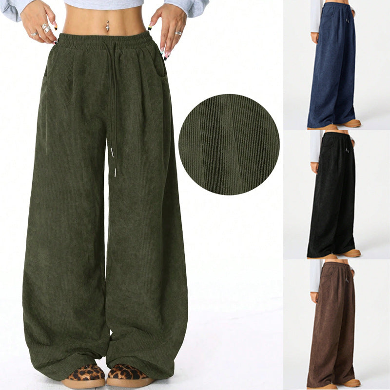 Women's Loose Cord Pants with Elastic Waistband, Drawstring, and Side Pockets Chichicherry