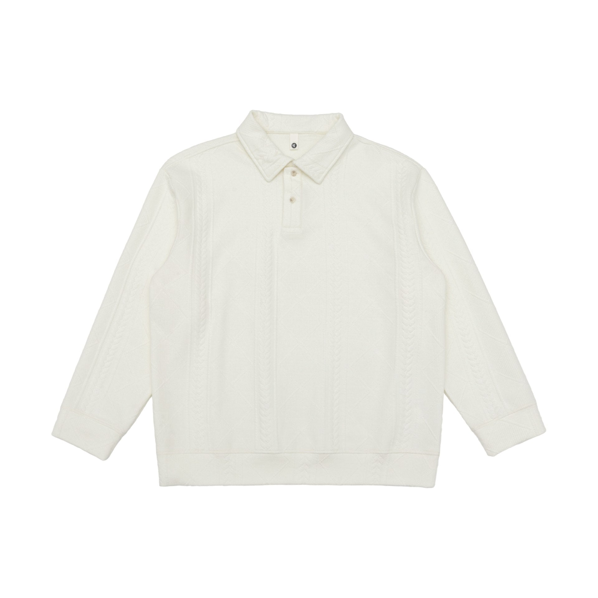 Unisex Structured Polo Sweater with Shirt Collar and Cable Knit Pattern Chichicherry