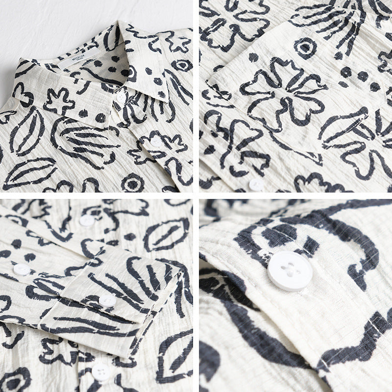 Men's Loose Crinkle Shirt with Hand-Drawn Floral Print and Chest Pocket Chichicherry