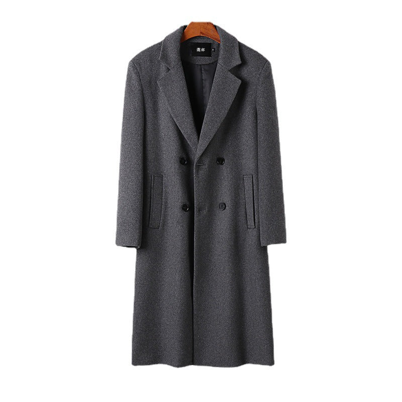 Men's Elegant Wool Blend Long Coat with Double-Breasted Front and Draped Lapel Chichicherry
