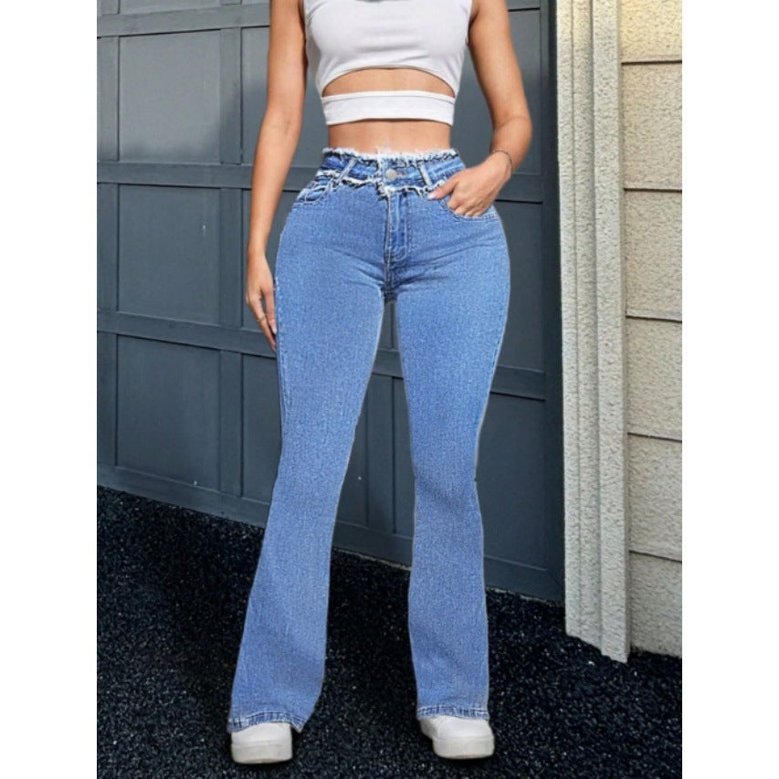 Women High-Waisted Sculpting Flared Jeans with Gathered Waistband and Figure-Shaping Fit Chichicherry