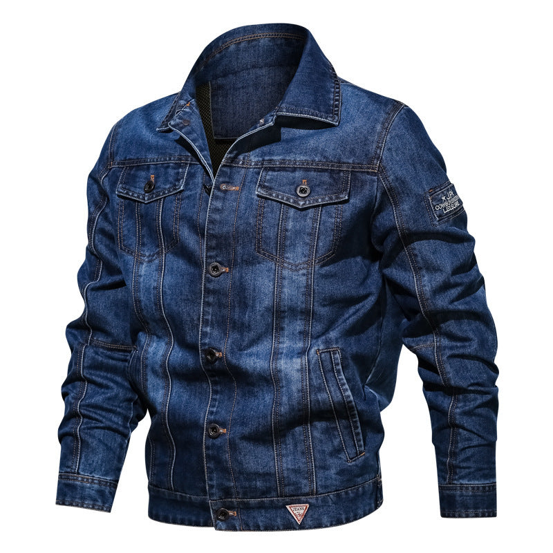 Men's denim trucker jacket with padded lining and distinctive decorative seams Chichicherry