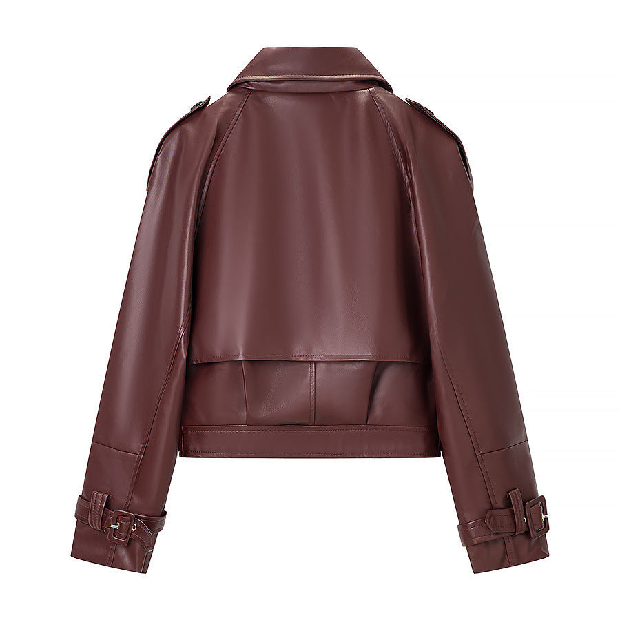 Women short cut biker jacket in leather look with asymmetrical lapel and waist belt Chichicherry