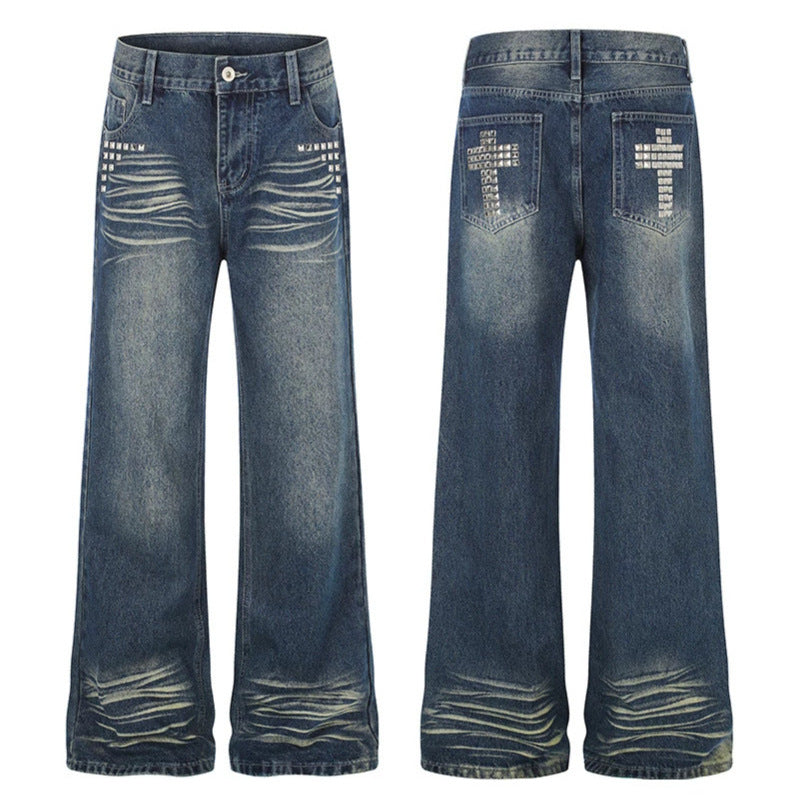 Women Wide High-Waist Distressed Jeans in Palazzo Style with Studded Detailing Chichicherry