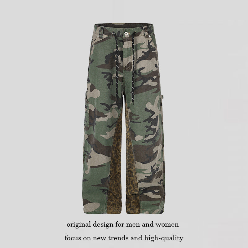 Women's wide cargo pants with camouflage print and leopard contrast stripes Chichicherry