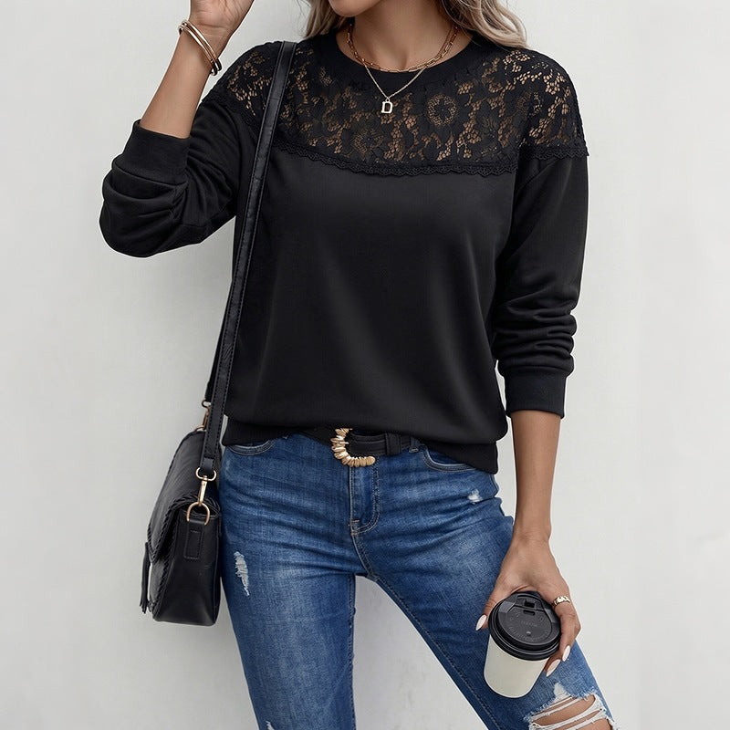 Women’s Casual Long Sleeve Shirt with Transparent Lace Yoke and Round Neckline Chichicherry
