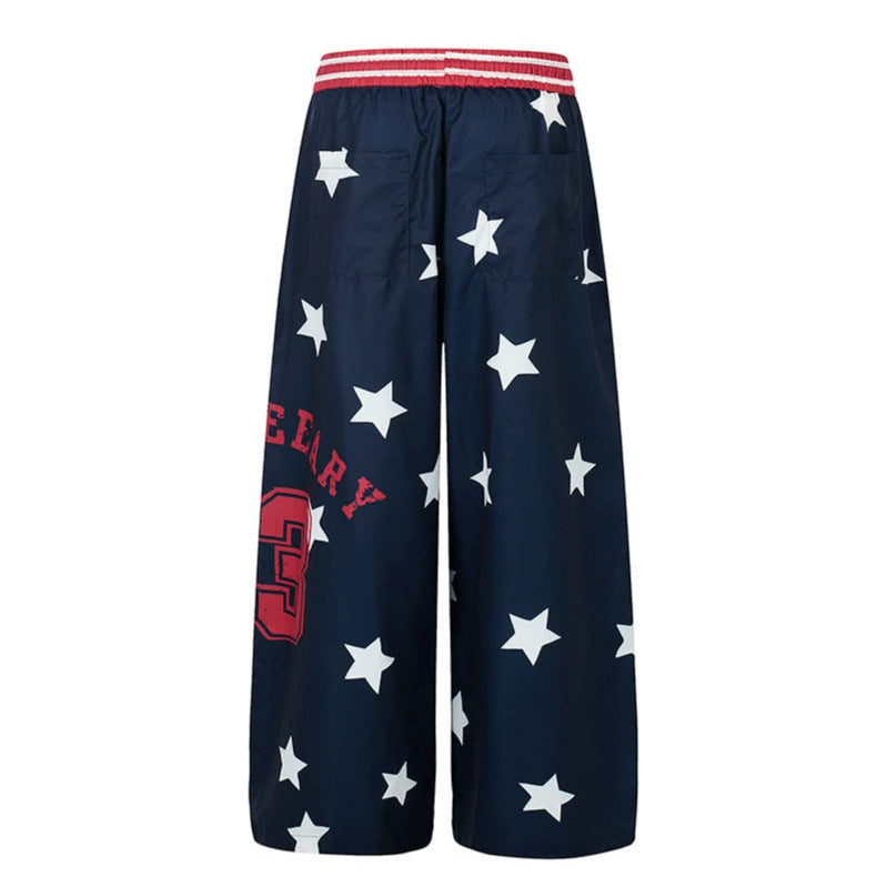 Ladies Palazzo Lounge Pants in Athleisure Style with Star Allover, High Ribbed Waistband and Statement Print Chichicherry
