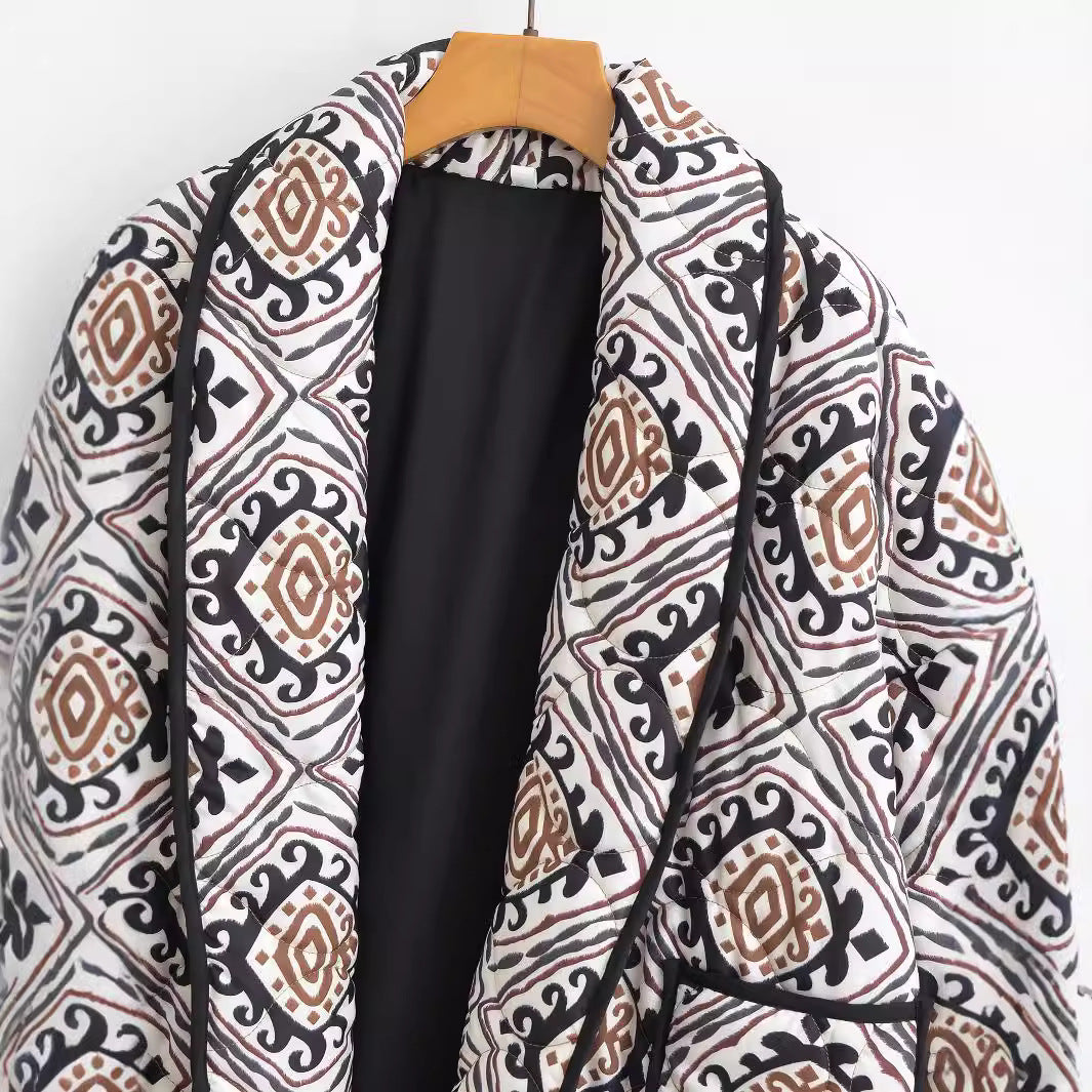 Women's Quilted Kimono Jacket with Ethno Print, Contrast Piping and Patch Pockets Chichicherry