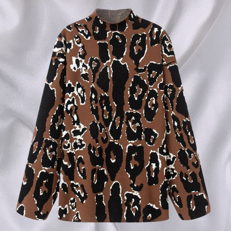 Ladies Oversized Knit Sweater with Stand-Up Collar and Jacquard Leopard Pattern Chichicherry
