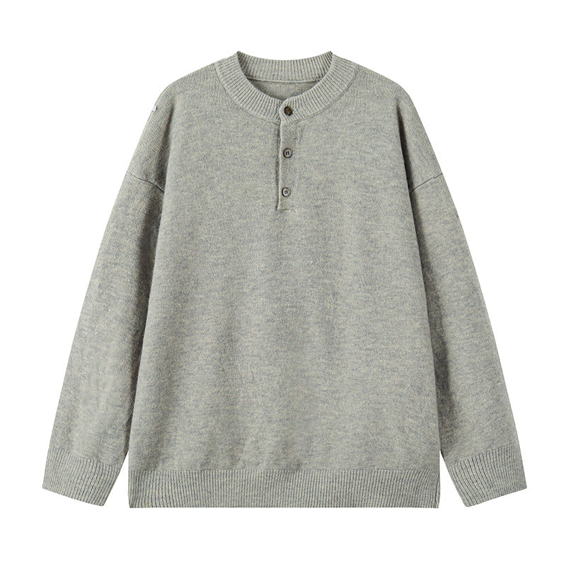 Men's Oversized Knit Sweater with Henley Collar and Half Button Placket Chichicherry