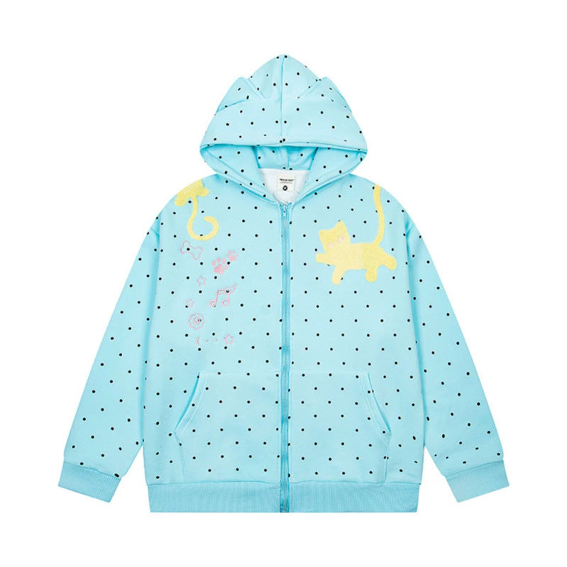 Women's hoodie sweatshirt jacket with cat ears, all-over polka dot and chenille cat applique Chichicherry