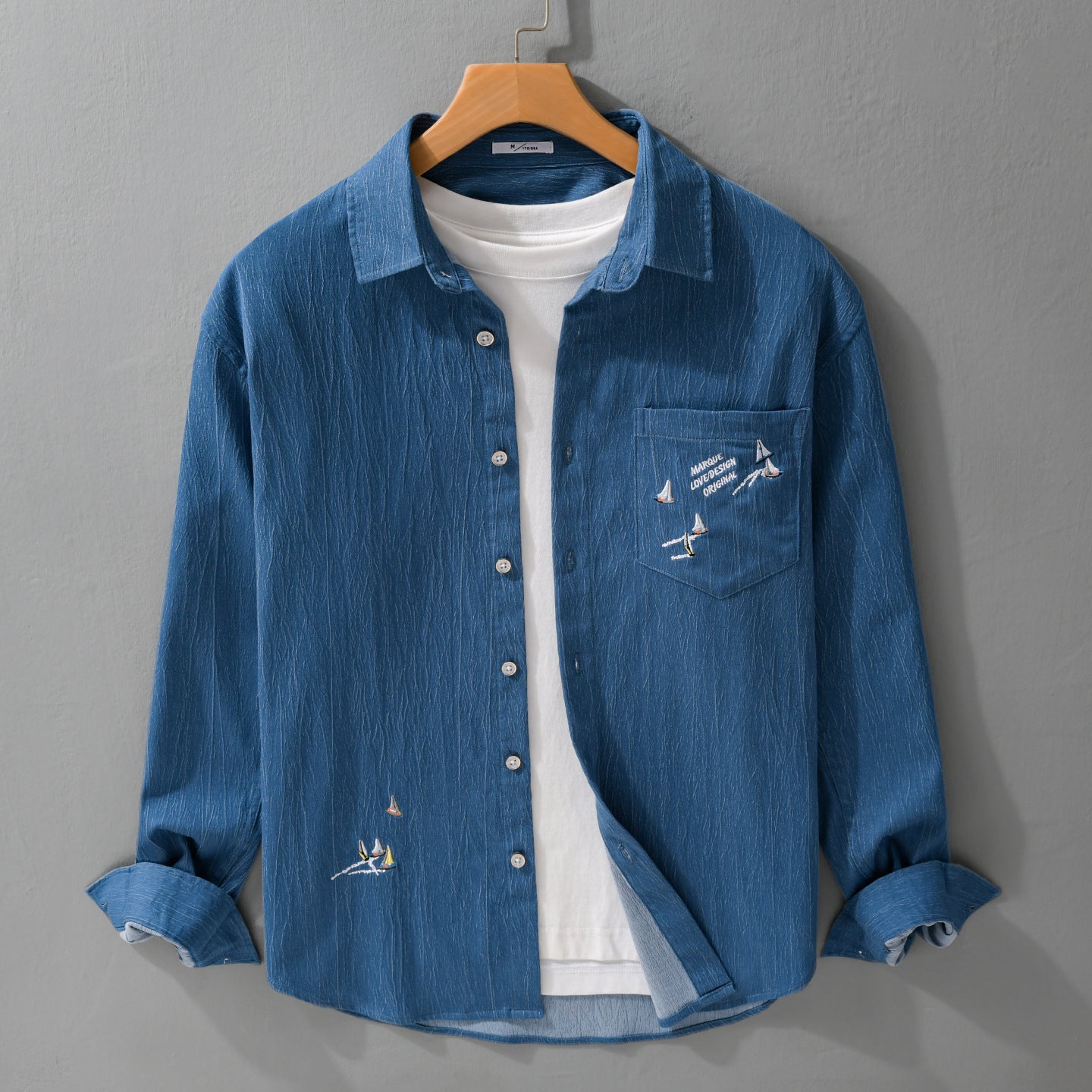 Men's Textured Chambray Overshirt with Maritime Embroidery and Chest Pocket Chichicherry