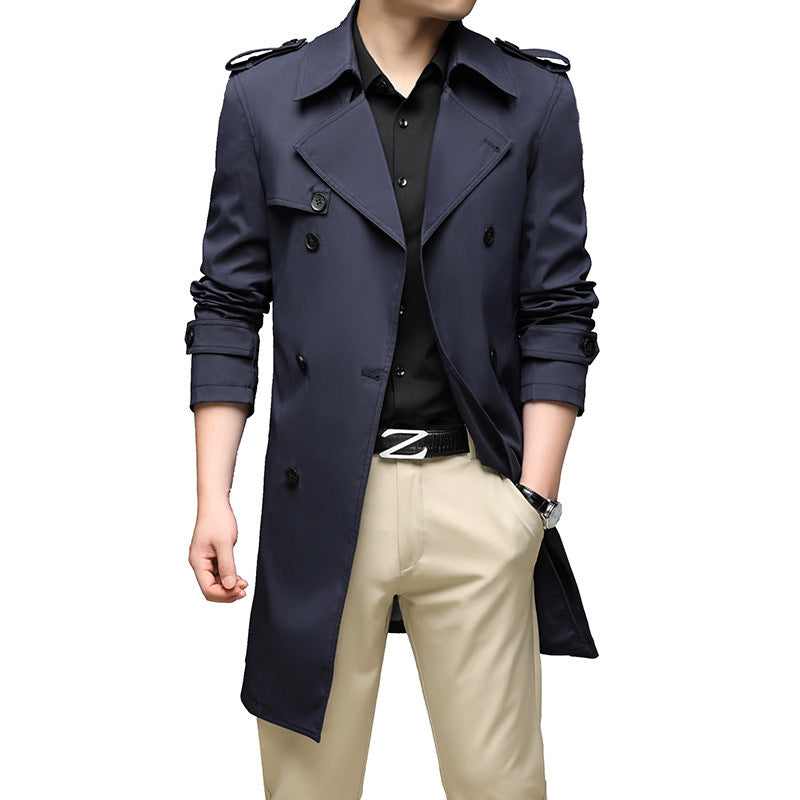 Men's Long Slim-Fit Double-Breasted Trench Coat with Epaulettes and Waist Belt Chichicherry