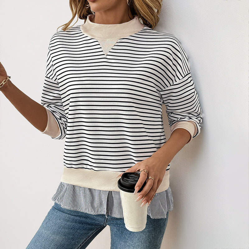 Women's Striped Layering Sweatshirt with Chiffon Insert and Contrasting Stand Collar Chichicherry