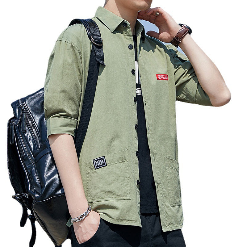 Men's overshirt jacket in lightweight canvas look with patch front pockets and cropped sleeves Chichicherry