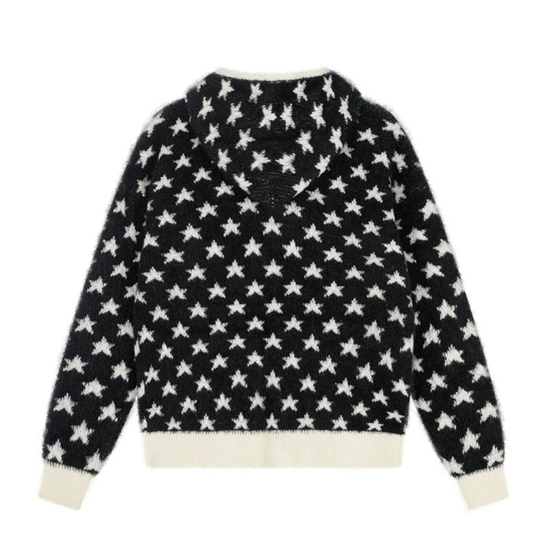 Women Fluffy Knit Zip Jacket with Allover Star Pattern, Kangaroo Pockets and Ribbed Cuffs Chichicherry