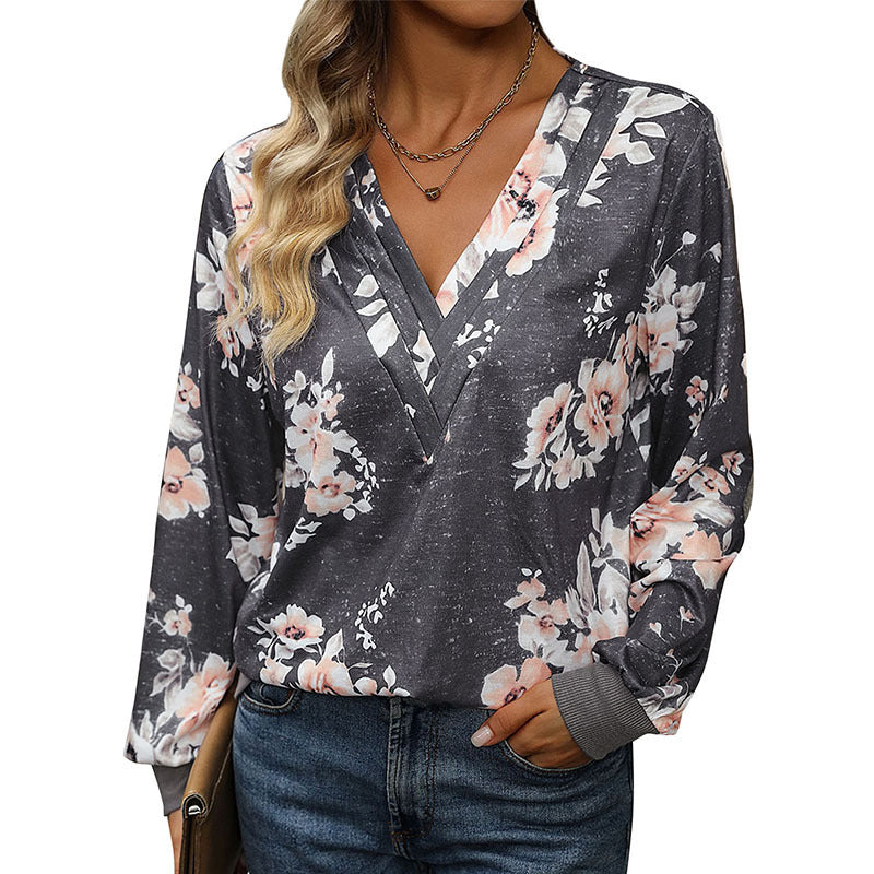 Women's Casual V-Neck Sweatshirt with Floral Watercolor Print and Ribbed Cuffs Chichicherry