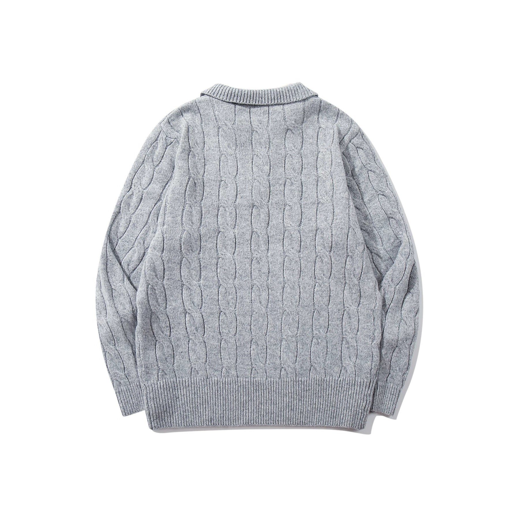 Unisex Structured Cable Knit Sweater with Polo Collar and Deep V-neck Chichicherry