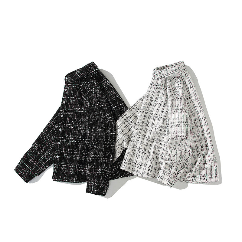 Men's Structured Boucle Shirt Jacket with Check Jacquard and Casual Fit Chichicherry
