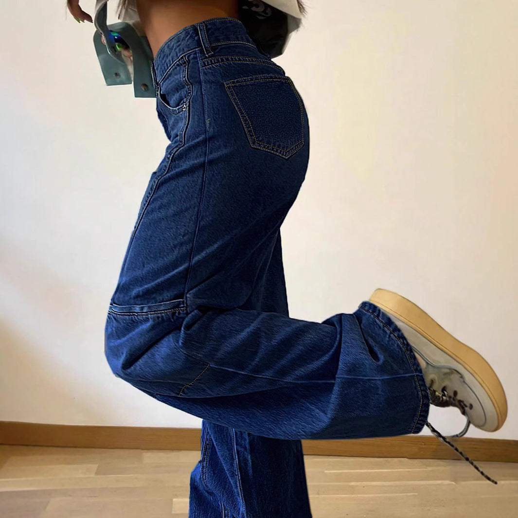 Women High-waisted wide jeans pants with prominent seam panels and utility knee inserts Chichicherry