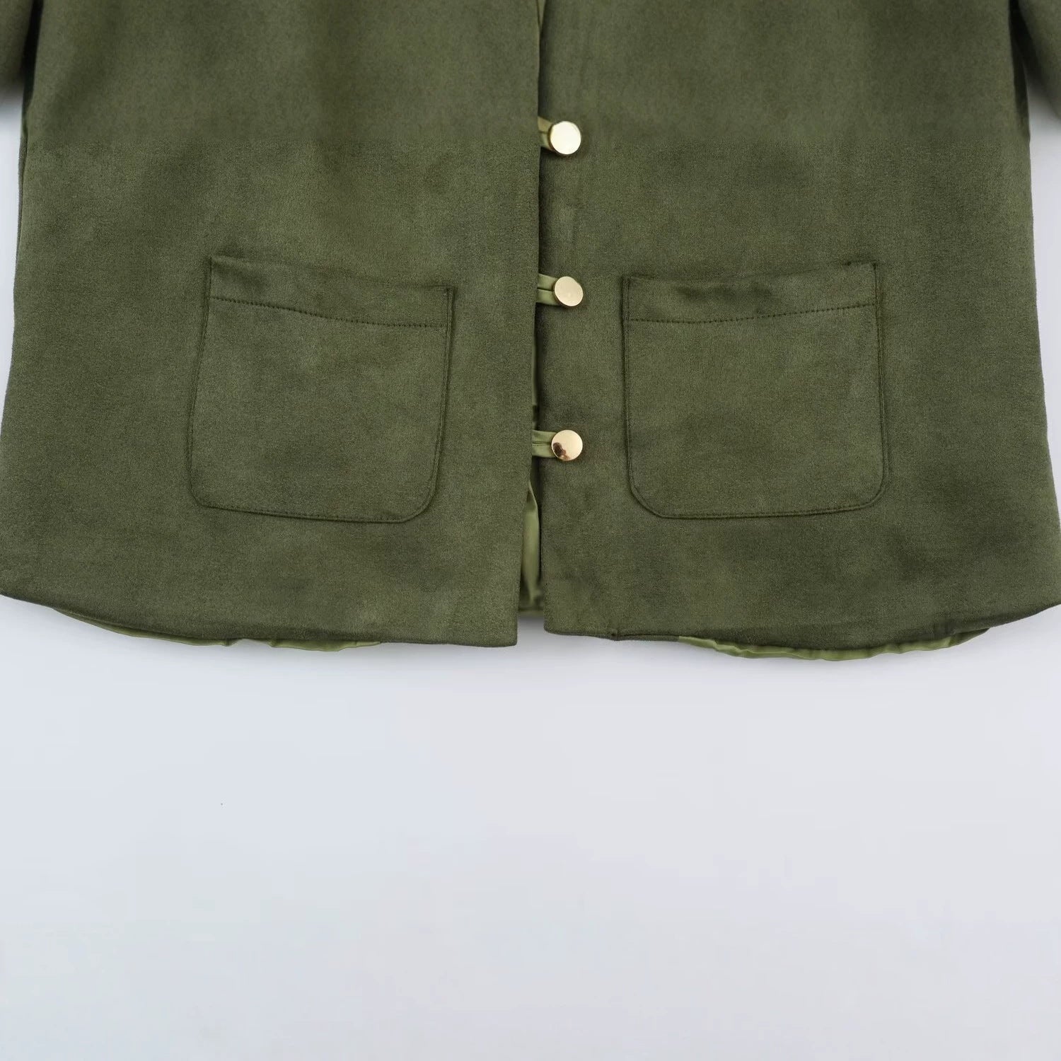 Women's short jacket in Mandarin style made of suede look with patch pockets and decorative buttons Chichicherry