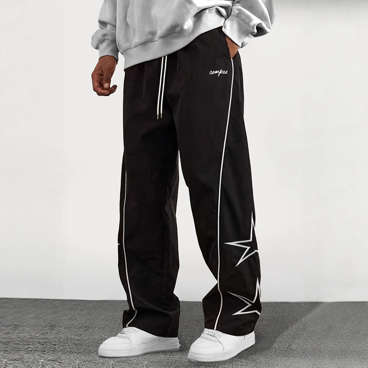 Men's Wide Trackpants with Contrast Piping, Drawstring and Star Application Chichicherry