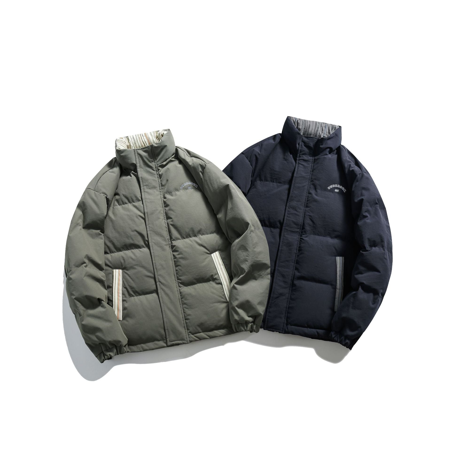 Unisex Short Cut Padded Puffer Jacket with High Stand-Up Collar and Striped Pocket Flaps Chichicherry