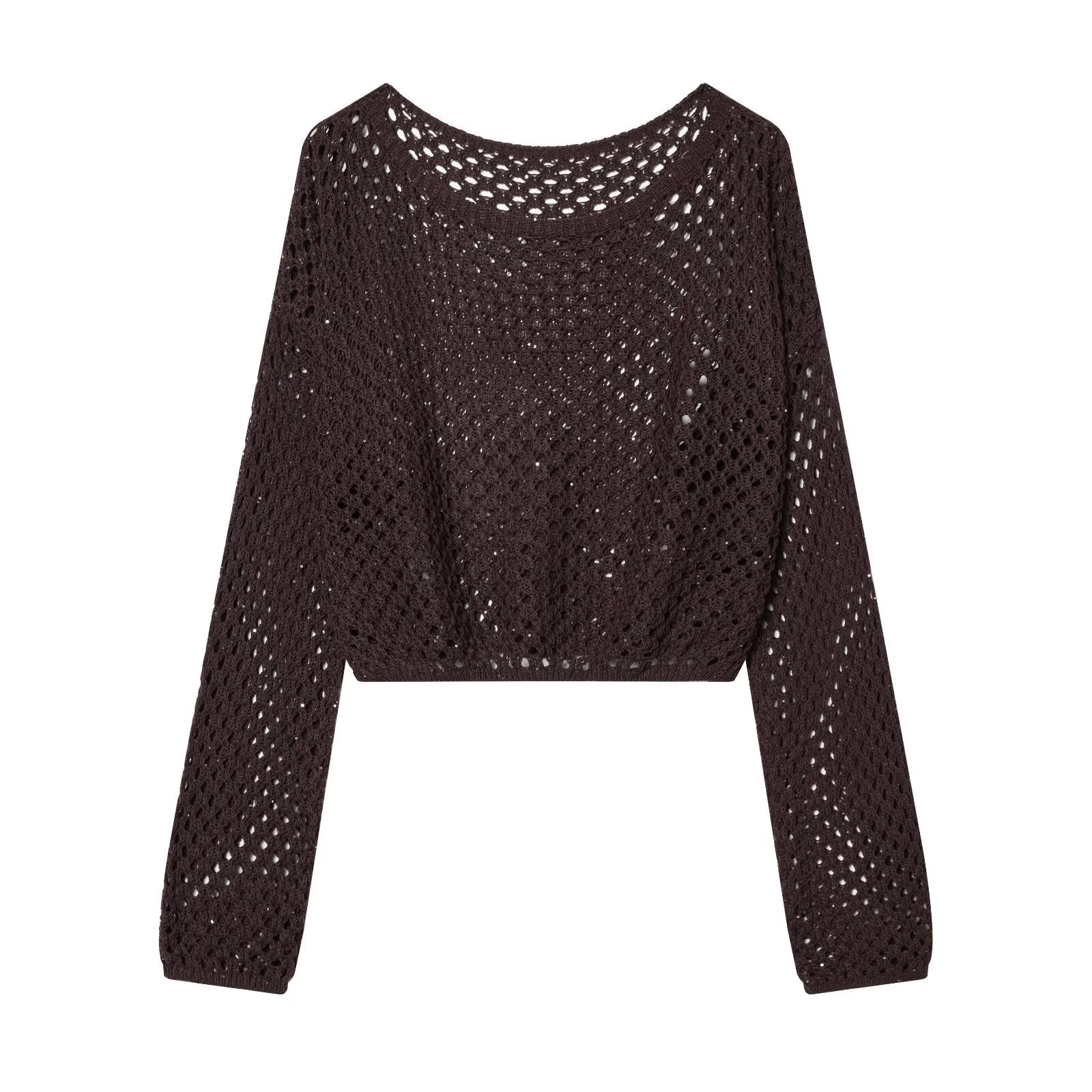 Women's Crocheted Open Knit Cropped Sweater with Balloon Sleeves Chichicherry