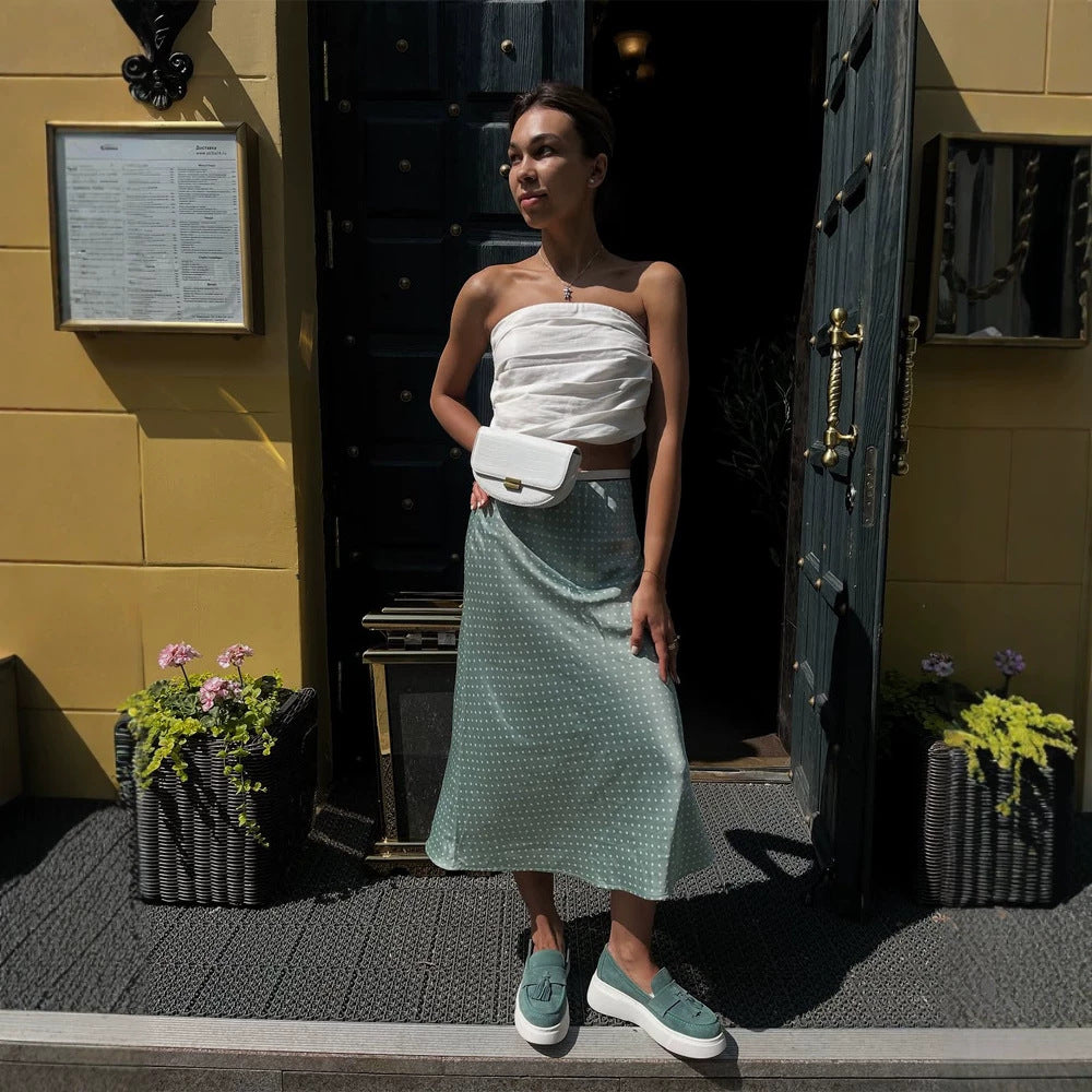 Women's satin midi skirt with polka dot print, tailored fit & flowing bias silhouette Chichicherry