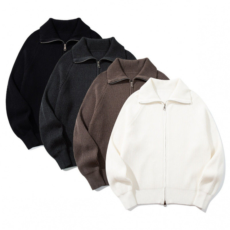 Unisex Ribbed Zip Cardigan with Stand-Up Collar, Raglan Sleeves and Two-Way Zipper Chichicherry