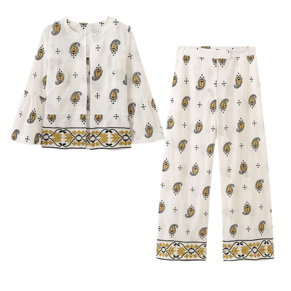 Women's Wide Linen Pants with Paisley Print and Embroidered Hem Chichicherry