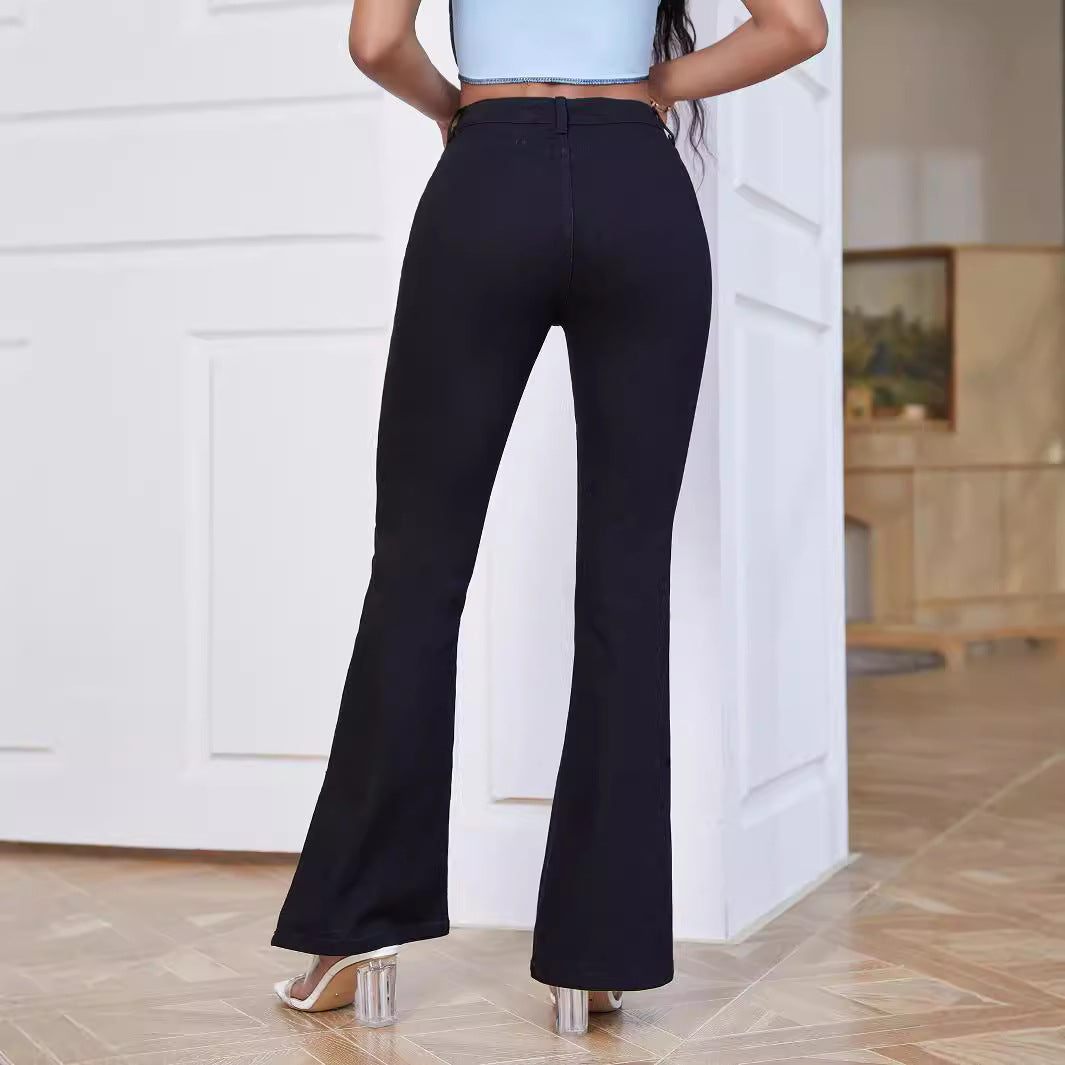 Women High-Waist Flared Trousers made of Stretch Denim with Pocket Flaps and Front Slit Chichicherry