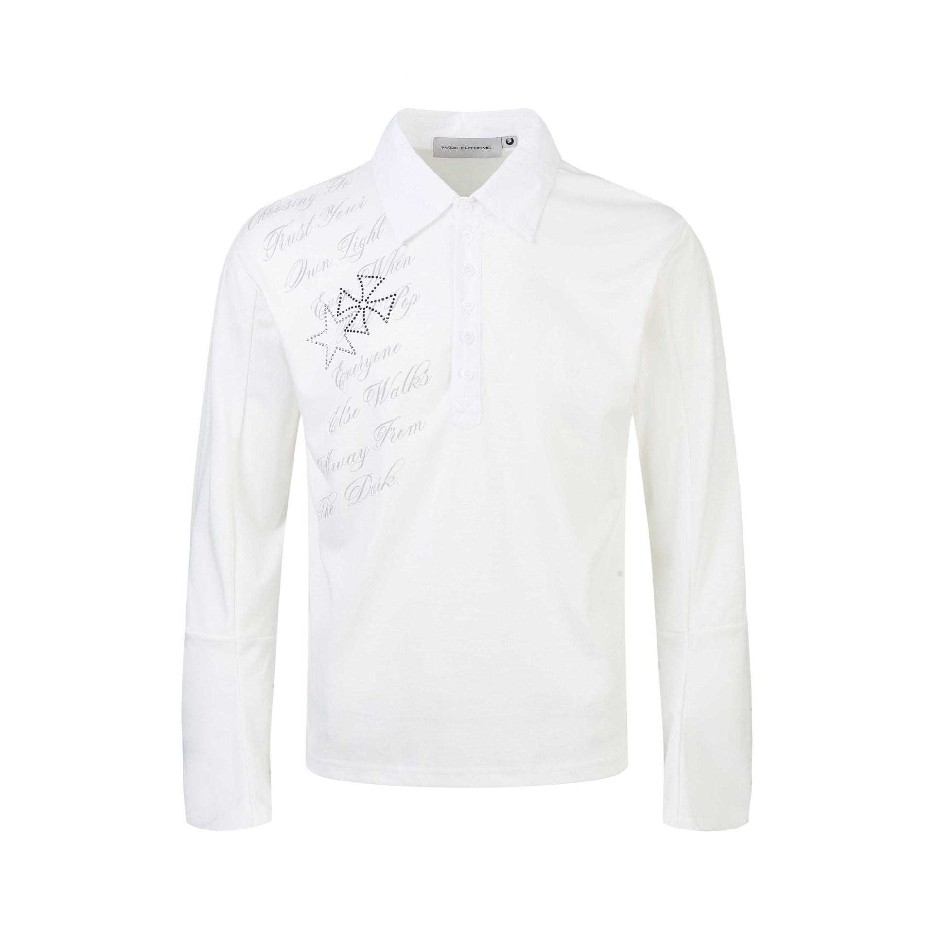 Women's Polo Shirt-Long Sleeve Shirt with Shirt Collar, Text Print and Rhinestone Application Chichicherry