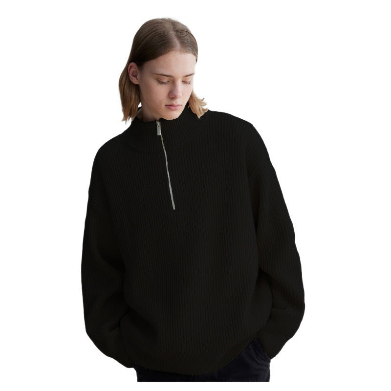 Herren Oversized Rippstrick-Halbzippullover mit verlängertem Arm und hohem Stehkragen Chichicherry