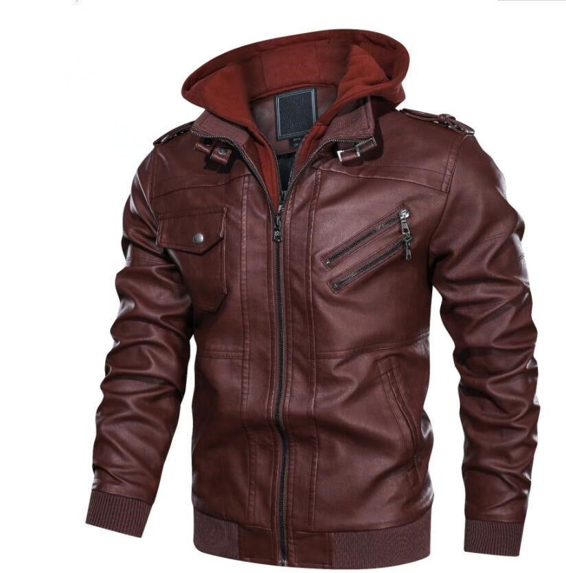 Men's Faux Leather Bomber Jacket in Aviator Look with Hooded Lining and Angled Zipper Pockets Chichicherry