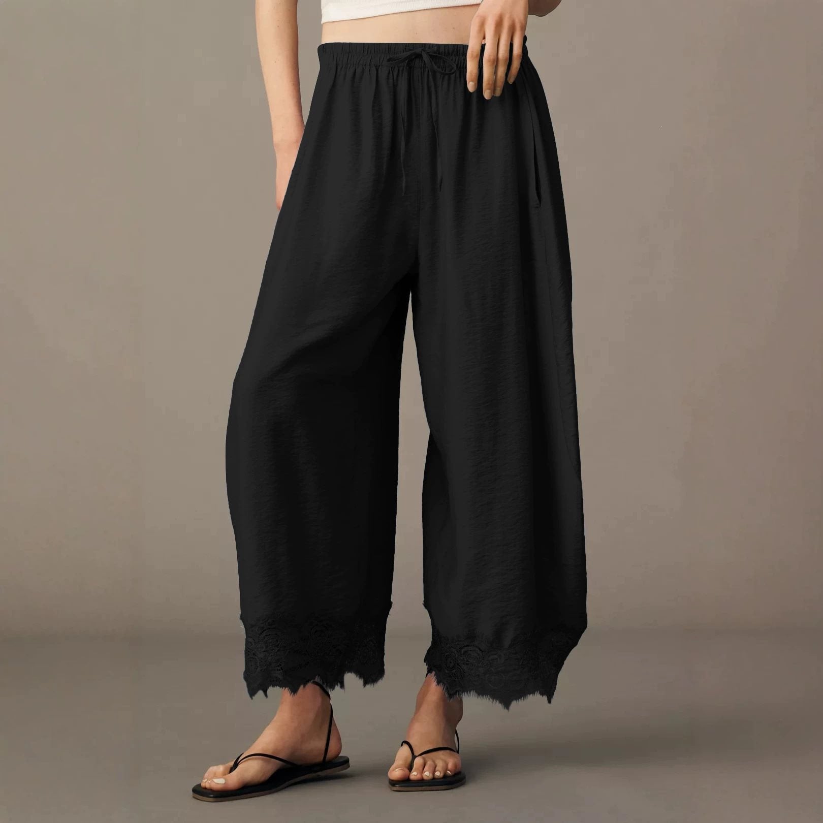 Women Wide Palazzo Pants with Elastic Drawstring Waistband and Lace Trim Chichicherry