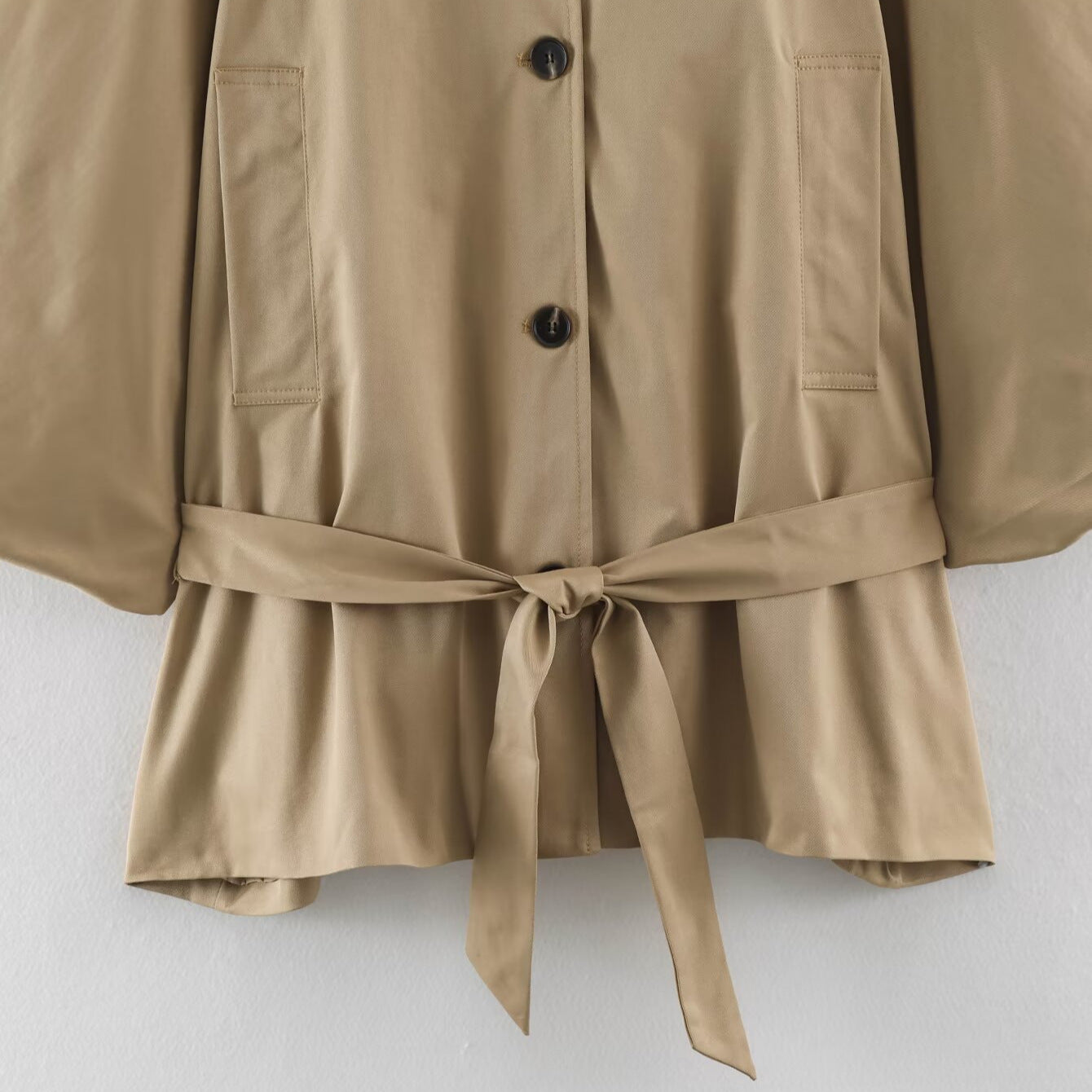 Women Short Cape Trench with Wide Batwing Sleeve, Stand Collar and Waist Belt Chichicherry